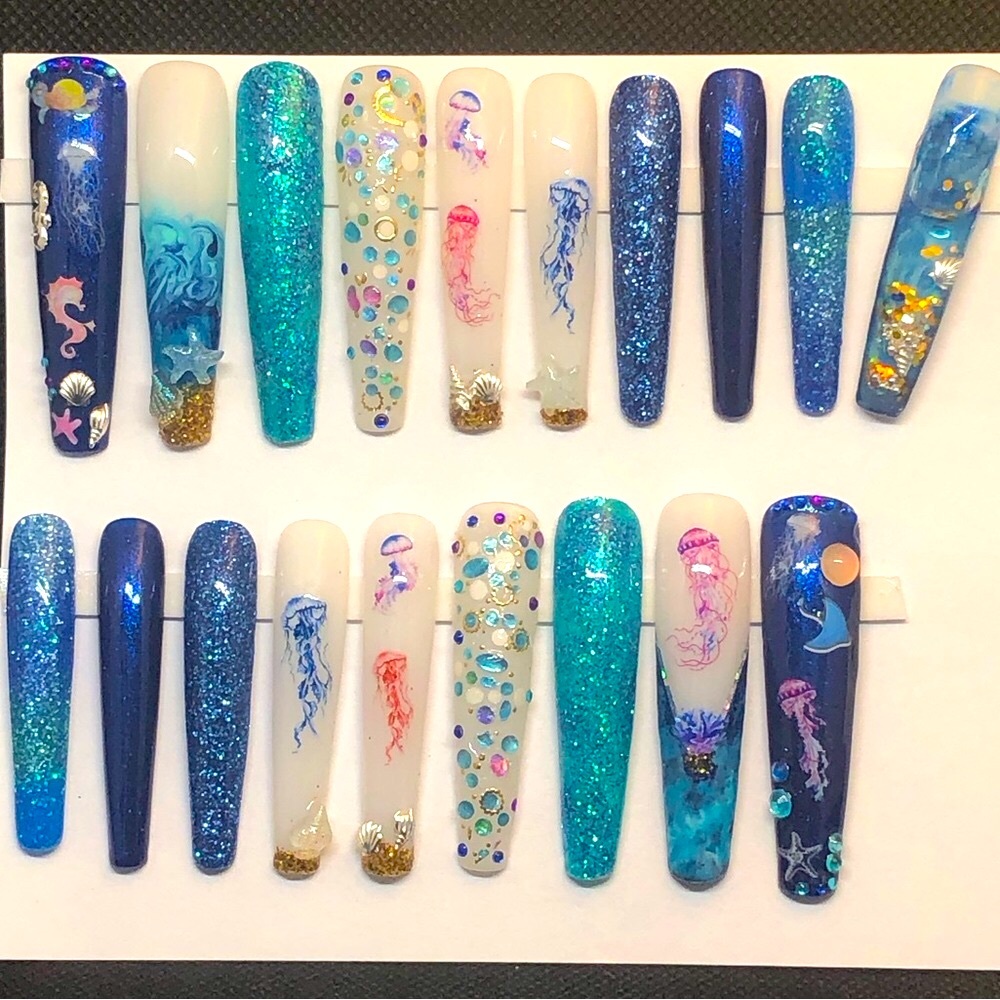 Custom Handmade Press On Nails 2X Long Coffin Blue Summer Ocean Beach Nails